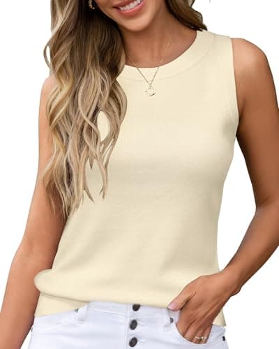 Image of Arach&Cloz Women's Sleeveless Knitted Vest Tops Non See Through Crew Neck Tank Top for Spring Summer Business (Beige, S)