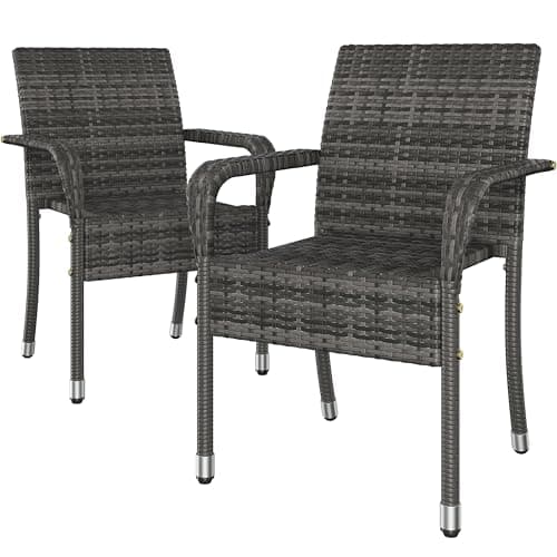 Image of Yaheetech Set of 2 Rattan Stackable Outdoor Garden Chair Lightweight All-Weather w/Armrests for Patio, Backyard, Poolside, Grey