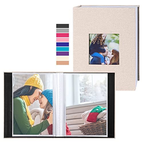 Image of Benjia Small Photo Album 6x4 2 Packs, Each Pack holds 100 Pockets, Slip in Mini Linen Top Loading Photo Albums Holds Portrait Only 10x15cm Picture Beige