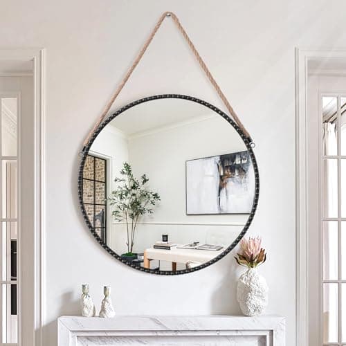 Image of Lzuso Round Mirror Hanging Wall Mirrors with Strap Artistic Circle Metal Frame with Bead for Bedroom and Bathroom Vanity Entryway Farmhouse Modern Decor Black 50x50cm
