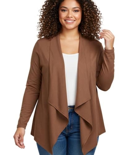 Image of STAR FASHION Women’s Waterfall Cardigan Long Sleeve Open Front Hanky Hem Casual Blazer Plus Size Ladies Draped Waterfall Flowy Cover Up Plain Floaty Layering Top Mocha-24-26