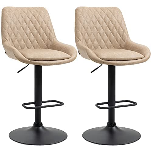 Image of HOMCOM Breakfast Bar Stools Set of 2 with 51x40cm Wide Seat, Height Adjustable Kitchen Counter Chairs, Retro Swivel Upholstered Barstools with Back, Footrest and Steel Base, Light Khaki
