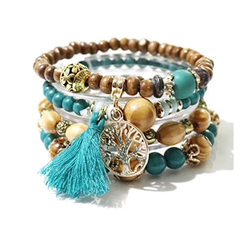 Image of GAUEIOUR Boho Multi-Layer Wooden Beaded Bracelet Set, Tassel Tourism Souvenir Tree of Life Elastic Bracelet for Ladies (Peacock Blue Four-Piece Set)