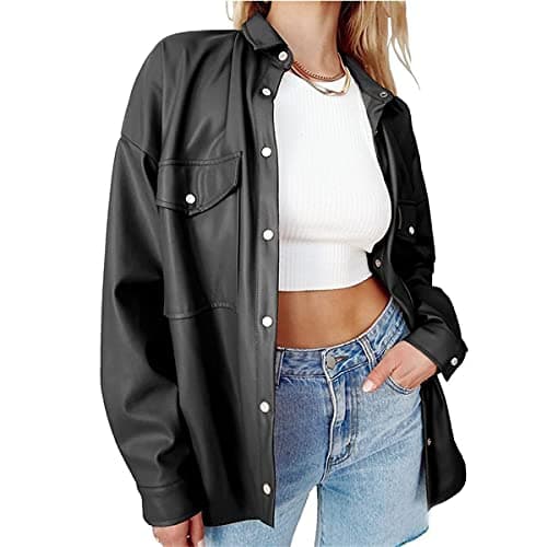 Image of FeMereina Womens Button Front Faux PU Leather Jacket Shacket Casual Shirt Long Sleeve Blazer Coat with Bust Pocket (Black, XL)