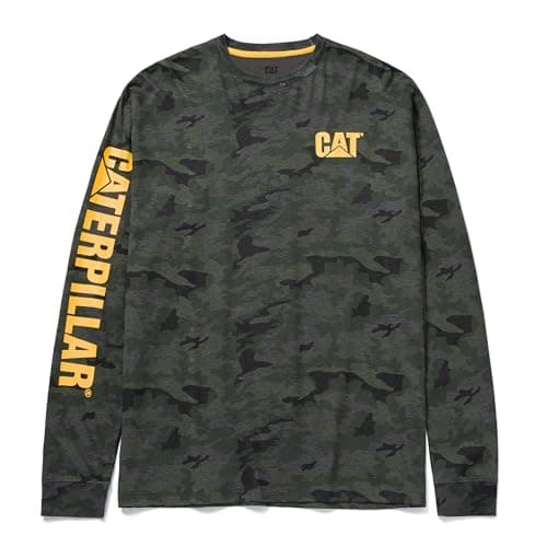 Image of Caterpillar Trademark Banner Long Sleeve Tee Shirts for Men with Center Back Neck Wire Management Loop and Cat Workwear Logo, Night Camo, XL