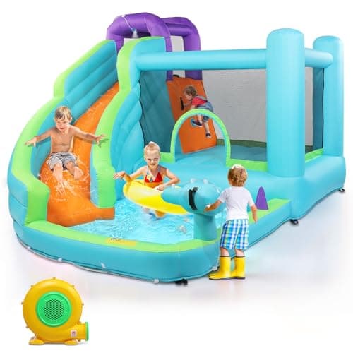 Image of LALAHO Indoor & Outdoor Bouncy Castle, Inflatable Water Slide with Bounce Area, Splash Pool & Ring Toss Game – 370x300x220cm, Includes 350W Blower, Garden Play Centre for Kids
