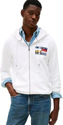 Image of Tommy Hilfiger Men’s Colour Flag Zip Through Hoodie with Logo, White (White), L