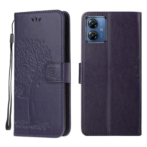 Image of Wuhaizher Motorola Moto G14 Case Leather Wallet Flip Folio Magnetic Clasp Stand View Bookstyle Cases for Motorola Moto G14 Phone Case Cover Shockproof Cute Owl & Tree Pattern, Purple