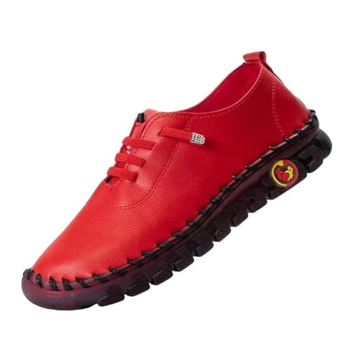 Image of 2026 Handmade Leather Shoes Casual Shoes Women's Hiking Shoes Flat Sole Walking Shoes Plain Fitness Shoes with Lacing Low Shoes Breathable Slip-On Shoes Comfortable Outdoor Shoes, red, 6 UK
