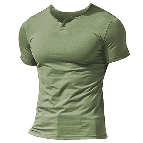 Image of Men Summer Casual Short Sleeve Henleys T-Shirt Single Button Placket Plain v Neck Shirts Cotton Style A Lime Green S