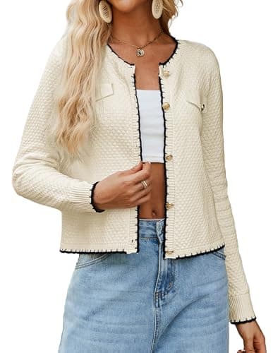 Image of GRACE KARIN Womens Striped Elegant Cardigans 2024 Fall Open Front Button Down Knit Sweater Office Ladies Outerwear Beige XXL