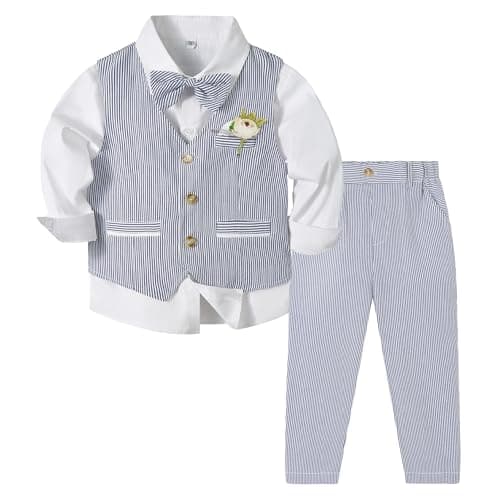 Image of Volunboy Baby Boys 5-Piece Formal Suit, Toddler Waistcoat Wedding Outfit with Dress Shirt, Vest, Pants, Boutonniere and Bow Tie(Tag Size 120,4-5 Years,Navy)