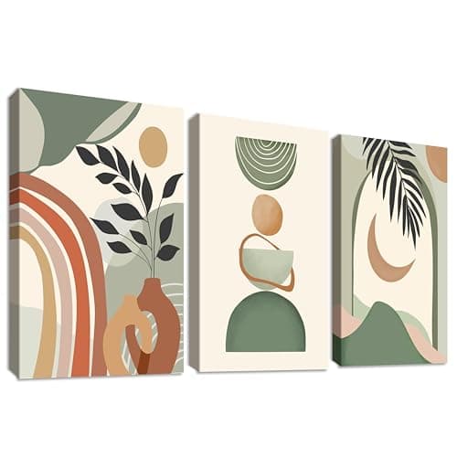 Image of 3 Pcs Wooden Framed Canvas Wall Art Set Beige Green Illustrations Painting on Canvas Prints Geometric Lines Sun Moon Leaves Pictures for Living Room Bedroom Hallway Stairs Wall Decor 30x40 cm x3pcs