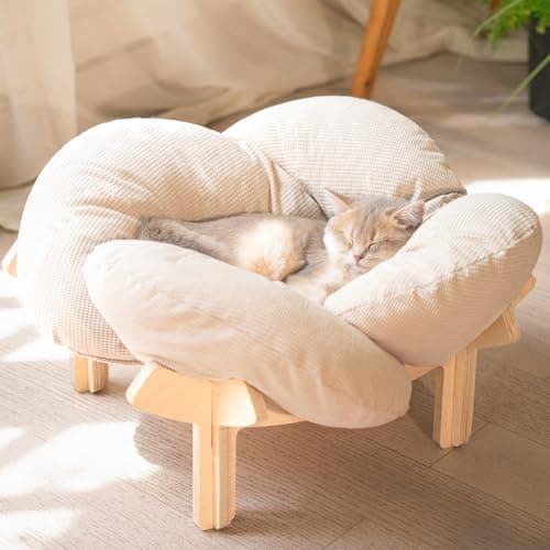 Image of CheerPals Elevated Flower Cat Bed, 55cm L&W Large Cat Sofa, Stylish Cats Chair with Highly Elastic Soft Cushion, Furniture for Sleeping for All Cats (White)