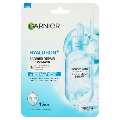 Image of Garnier Hyaluron+ Barrier Repair Serum Mask, Hydrates & Repairs with Hyaluronic Acid & Ceramides, Intense Hydration, Skin Barrier Strengthening, For Sensitive Skin, Vegan Tissue Mask