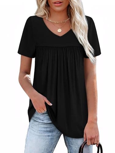 Image of Aokosor T Shirts for Women Summer Plus Size Clothing Short Sleeve Pleated Dressy Casual V Neck Loose Blouses Size 26-28 Black