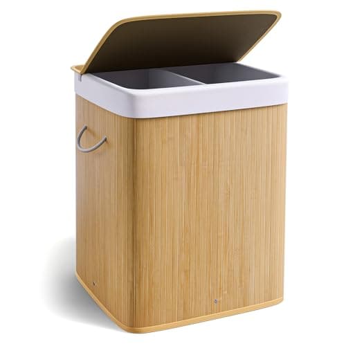 Image of Laundry Basket with Lid, 110L Large Bamboo Laundry Hamper, 2 Compartments Washing Basket with Removable Liner Bag, Clothes Hampers Laundry Bin for Bedroom, Bathroom, Laundry Room
