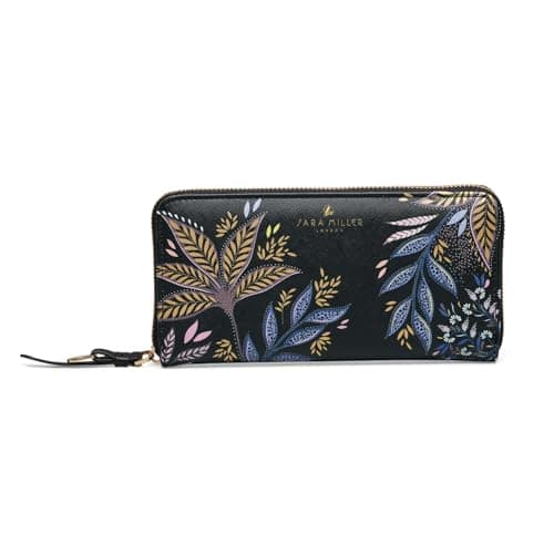 Image of Sara Miller London Zip Around Wallet, Women's Purse Clutch, Coin Pocket and Card Holder, Faux Leather, Large, Botanic Black