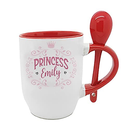 Image of Princess Mug for Girls and Women, Mother's Day Gift, Princess Personalised Gift for Lady, Female, Birthday, Tea Cocoa Soup Daily use 11oz Inside Coloured with Spoon Coffee Mug. (Red)