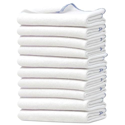 Image of Towelogy Premium Extra Large Dish Cloths Pack of 10 - Cotton 38 x 45cm Odour Free & Super Absorbent Kitchen Dish Towels (White/Blue Edges, 10)
