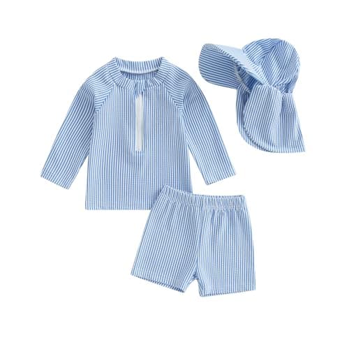 Image of BeliBacca Toddler Baby Boy Rash Guard Set Stripe Print Long Sleeve Zip Up Top Swim Truck with Hat 3pcs Infant Swimsuit Boy Newborn Bathing Suit (Blue, 18-24 Months)