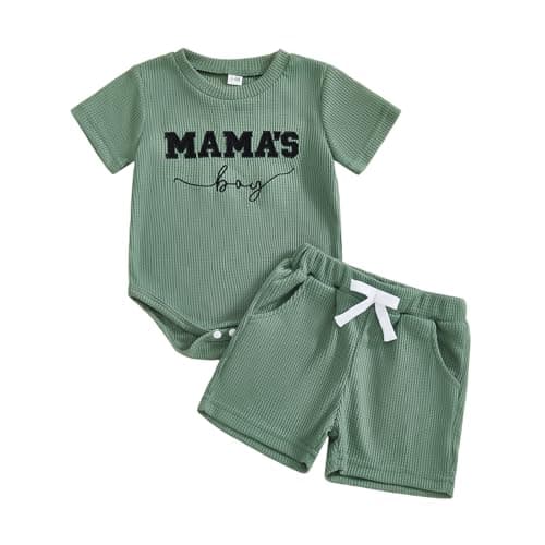 Image of Himllauen Newborn Baby Boys Summer Oufits Toddler Letter Embroidery Short Sleeve O Neck Romper and Drawstring Shorts for Infant Shorts Sets (Green A, 0-3 Months)