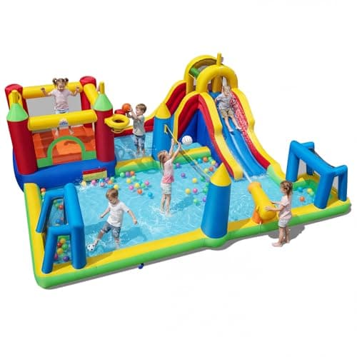Image of COSTWAY Inflatable Water Park, Kids Bouncy Castle with Slide, Climbing Wall, Splash Pool, Water Cannon, Volleyball Net, Football Goals & Punching Bag, Outdoor Blow Up Bounce House (without Blower)