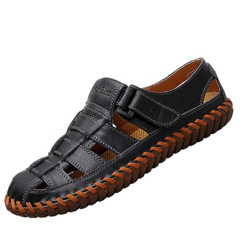 Image of LinRim Sandals Men's Trekking Sandals PU Leather Hiking Shoes Breathable Sneaker Sandals Closed Toe Outdoor Summer Beach Water Fisherman Hiking Sandals Sports Trekking Beach Closed, black, 11 UK