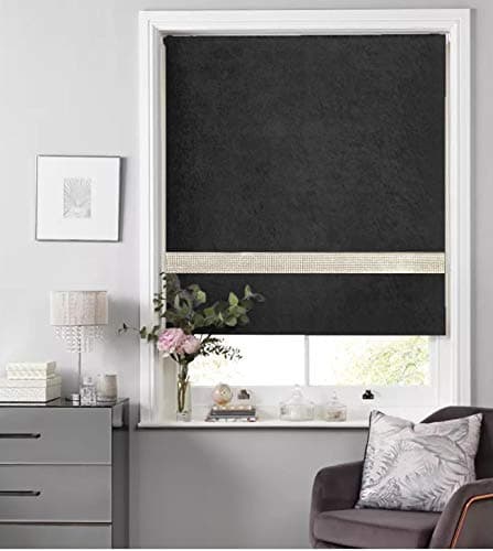 Image of Crushed Velvet Blackout Dim Out Diamante Trim Roller Blinds, Child Safe - Easy Fit Black 120cm