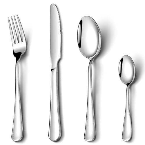 Image of Cutlery Set, NINIROR 16 Piece Food-Grade Stainless Steel Flatware Set Silverware Set for 4 People Include Spoon Knife and Fork Sets Mirror Polished Dishwasher Safe for Home Restaurant Modern Design