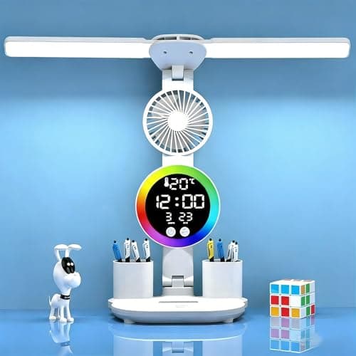 Image of LED Desk Lamp Foldable, Touch Control LED Table Lamp with 3 Colour Modes, Stepless Dimmable Eye-Caring Desk Light 3200 mAh Rechargeable Table Lamps with Clock and Fan for Home Office Bedroom
