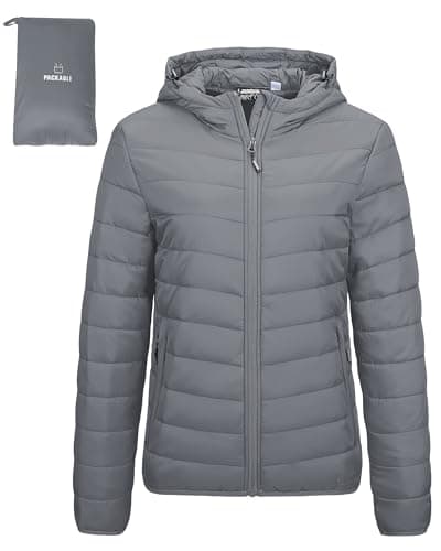 Image of Outdoor Ventures Women's Winter Lightweight Puffer Jacket with Hood, Warm, Short, Packable, Quilted, Transitional, Padded Jacket for Ladies, Lined for Hiking, Travel Foggy Blue L