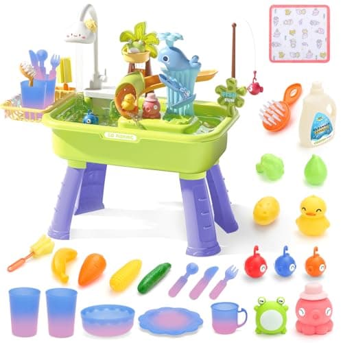 Image of deAO Sand and Water Table Play Set, Multifunctional Dishwashing Sink, Fishing Game Toys, Color-Changing Tableware, Kitchen Accessories, Water Toys, Beach Pool Outdoor Play Toys, Gift for Kids 3+