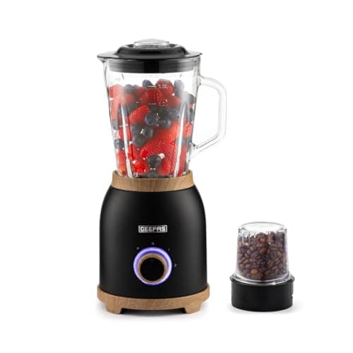 Image of GEEPAS NordiQ 2-in-1 Food Jug Blender | Smoothie Maker with 1.5L Glass Juice Jar & Mini Coffee Spice Grinder Mill | 6 Stainless Steel Ice Crusher Blades | 2 Speeds, Pulse Safe Lock | 800W Black