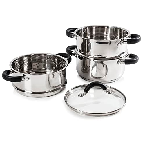 Image of Tower T80836 3-Tier Steamer with Encapsulated Base and Tempered Glass Lid with Steam Release Vent, Induction Compatible, Stainless Steel, Silver