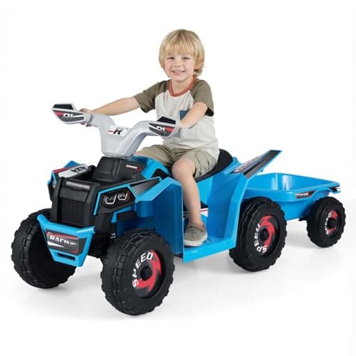 Image of GYMAX Kids Electric Quad Bike, 6V Battery Powered Toy Car with Removable Trailer and Forward/Backward/Reverse Button, Children Ride on ATV for 3+ Years Old (Blue)