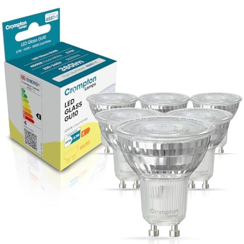 Image of Crompton Lamps LED GU10 Spotlight Bulbs 3.7W Glass | 6 Pack | Cool White 4000K | Energy Saving Light Bulbs for Ceiling Lights | 345 Lumens | Direct Halogen Bulbs Replacement | GU10 LED Bulbs