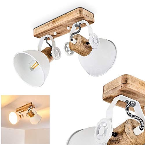 Image of Orny Ceiling lamp, 2-Flame, with Adjustable spotlights, Metal/Wood Ceiling lamp in White/Brown, 2 x E27 Socket, Retro/Vintage Design Spotlight, Bulbs not Included