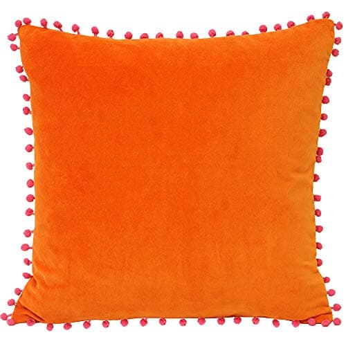 Image of Riva Paoletti Velvet Pompom Cushion Cover - Orange - Faux Velvet Fabric - Contrasting Fuchsia Pink Pompom Edges - Hidden Zip Closure - 100% Soft Cotton - 45 x 45cm (18" x 18" inches)