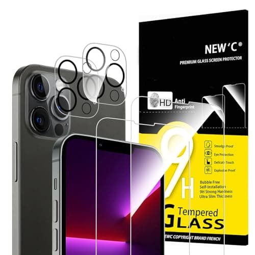 Image of NEW'C Pack of 4, 2 x Tempered Glass for iPhone 13 Pro and 2 x Rear Camera Protectors – Bubble-Free – Heavy Duty – 9H Hardness Glass