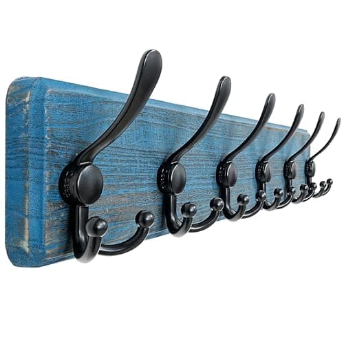 Image of Dseap Coat Rack Wall Mount - 61cm Long, Patented, Heavy-Duty, 6-tri-Hooks, Barnwood-Style Wooden Wall Coat Hanger Hook Rail for Winter Coats Hat Jacket Clothing, Weathered Blue & Black