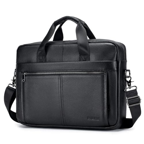 Image of BAGZY Leather Laptop Bag for Men - 15.6 Inch Briefcase, Messenger Shoulder Bag for Business, Office, College - Document Handbag (Black)