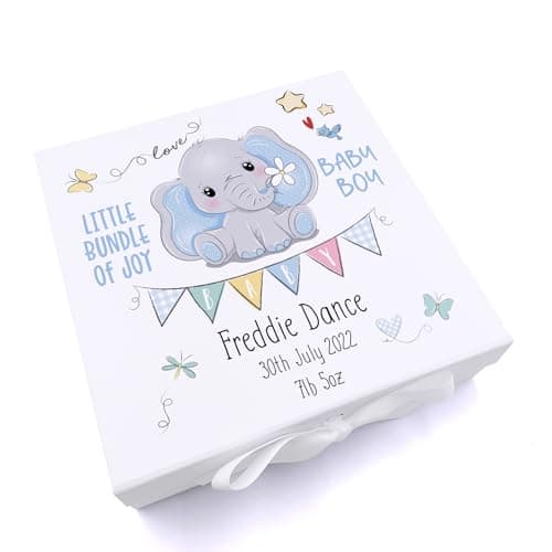 Image of ukgiftstoreonline Personalised Baby Boy Gift Keepsake Memory Box Elephant Design (Large)