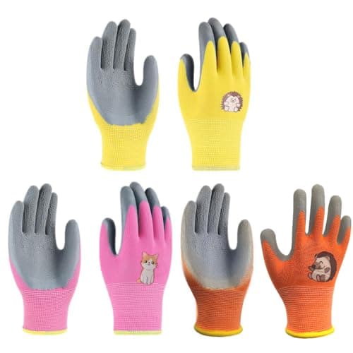 Image of CubePlug Girls and Boys 3 Pairs Kids Gardening Gloves for Age 4-11, Non-Slip Work Gloves, Kids Gardening Work Gloves,Foam Rubber Coated Gardening (Orange+Yellow+Pink, Age(5-7))