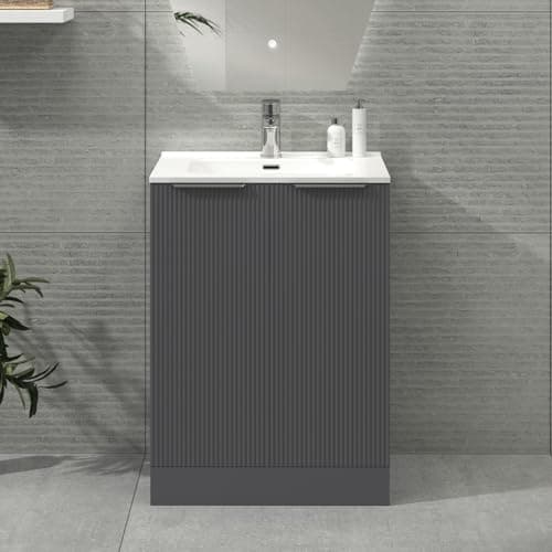 Image of Royal Bathrooms Evora 600mm Satin Grey Fluted Floor Standing Bathroom Vanity Unit 2 Door with Ceramic Basin & Chrome Handle