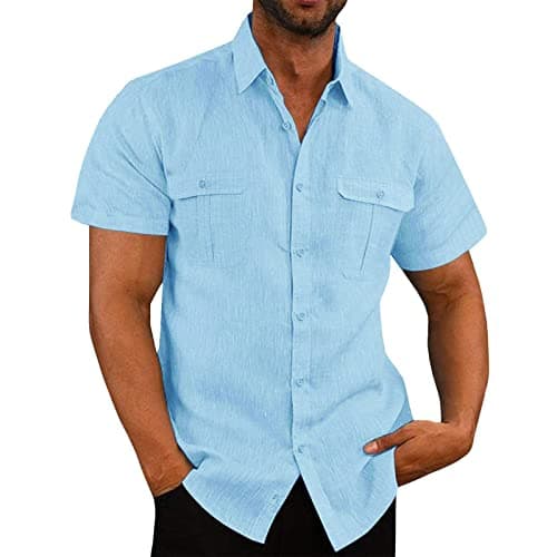 Image of Mens Linen Shirts Short Sleeve Button Down Shirts UK Regular Fit Casual Smart Lapel Collar Cotton Linen Blouse Tops Solid Summer Beach Hawaiian Grandad Shirt with Double Pocket Light Blue