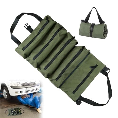 Image of Tool Roll, Canvas Tool Bag, Multi-Purpose Tools Bag Organiser with 5 Zip Pockets, Ideal for Plumbers, Craftsmen and Electricians (ArmyGreen) (green)