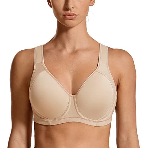 Image of SYROKAN Women's Sports Bra High Impact Underwire Support Full Coverage Plus Size Molded Fitness Workout Bras Beige-A262 34DD