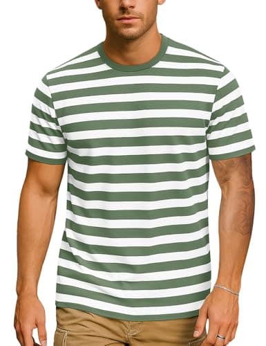 Image of Essential Stripes T-Shirts Comfort Short-Sleeve Crew-Neck Striped Tee Top(Army Green&White WD,L)