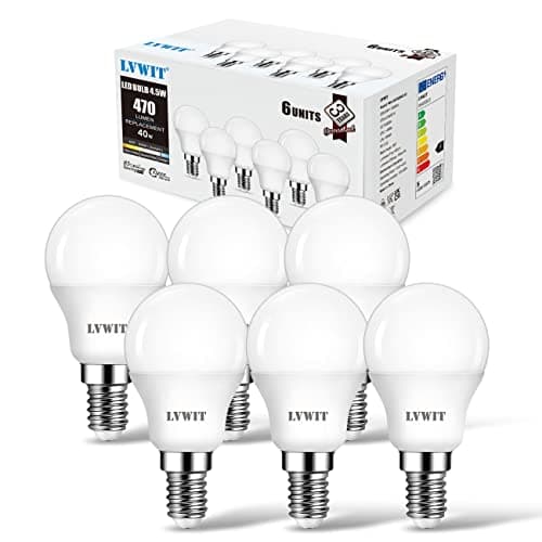 Image of LVWIT E14 LED Light Bulb, Small Screw Light Bulb, 4.5W 470lm, 40W Equivalent, Cool White 6500K, Energy Saving P45 LED Bulb, 220-240V, Non-Dimmable, Pack of 6